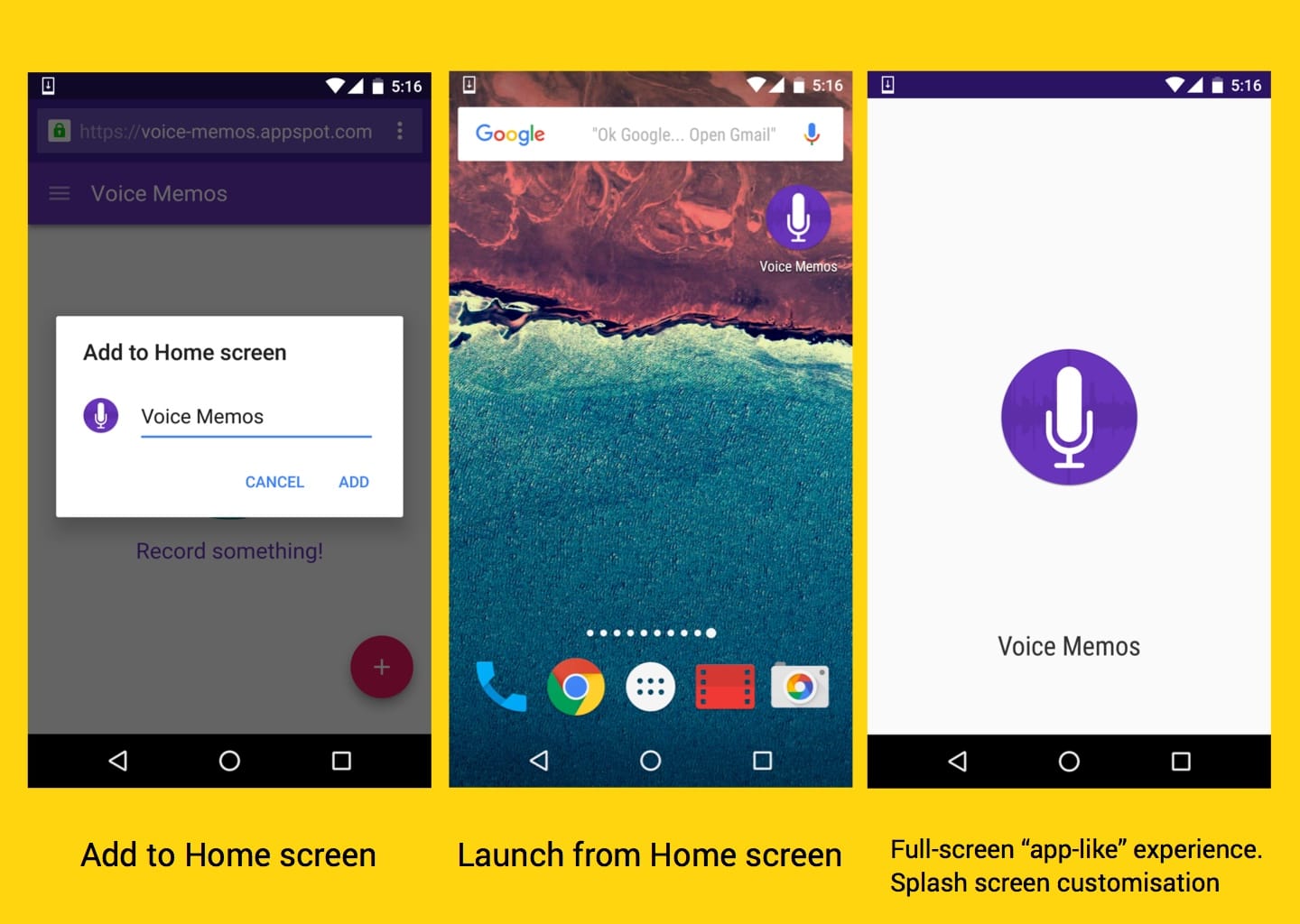 Add to home screen, launch from home screen and full-screen app-like experiences.
